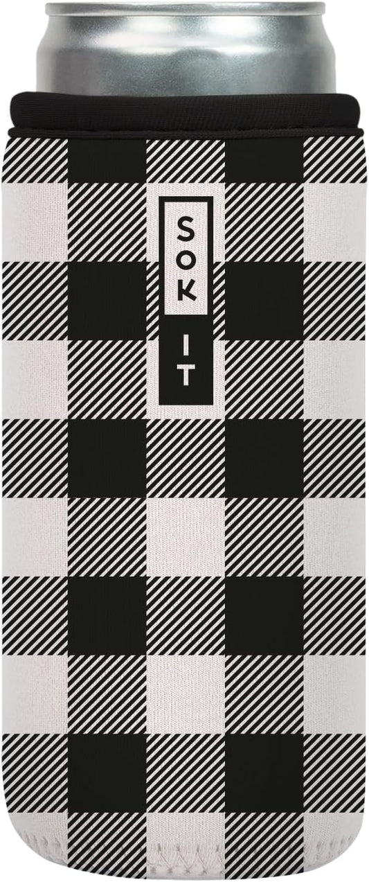 Sok It CanSok Sleeve for Beer & Soda Insulated Neoprene Cover (B&W Buffalo Check, 12oz Slim Can Sleeve)