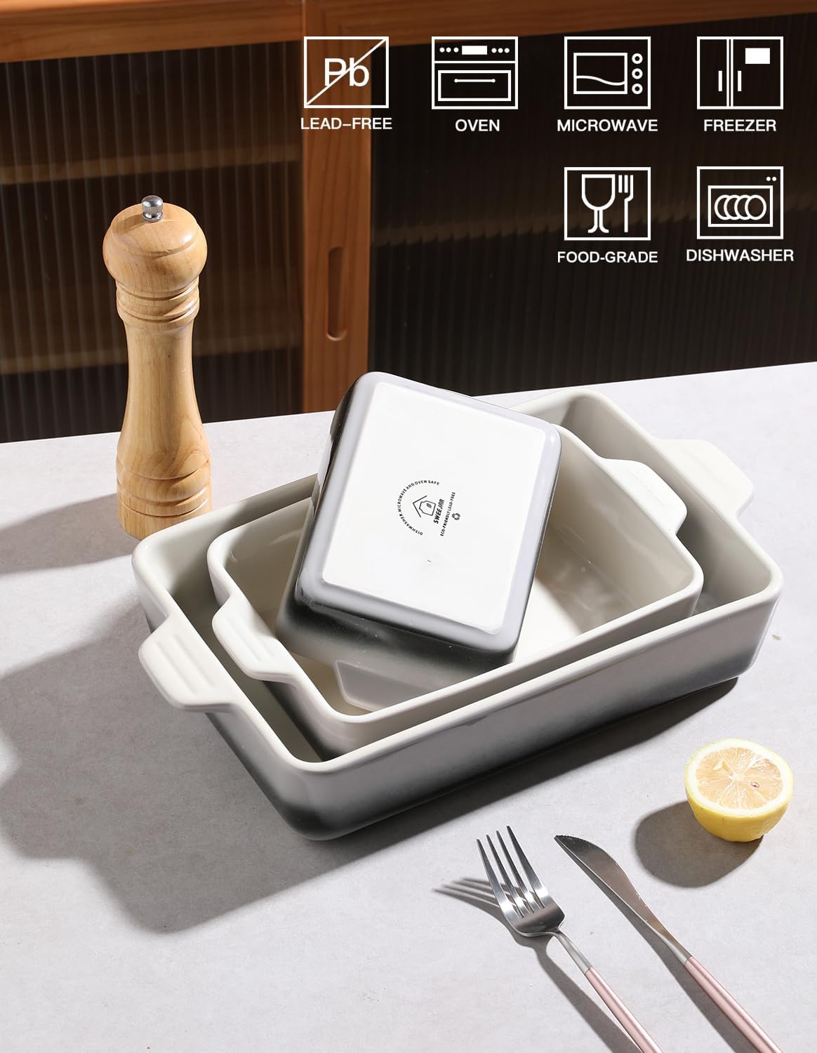 Sweejar Ceramic Bakeware Set, Rectangular Baking Dish for Oven Lasagna Pans for Cooking, Kitchen, Cake Dinner, Banquet and Daily Use, 11.8 x 7.8 x 2.76 Inches of Casserole Dishes (Gradient Gray)