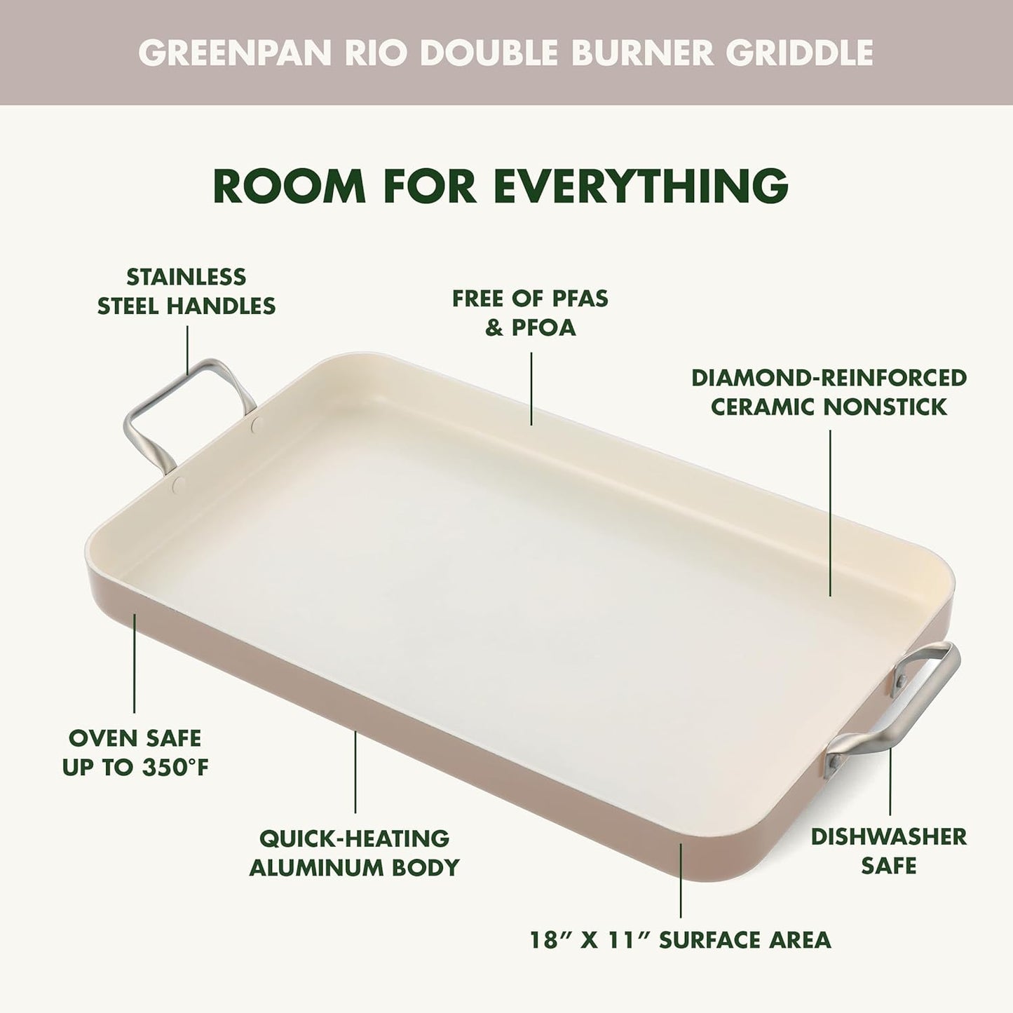 GreenPan 18" x 11" Double Burner Griddle Pan, Hard Anodized Healthy Ceramic Nonstick PFAS-Free, Stainless Steel Handles, Stovetop Cooking, Dishwasher Safe, Oven & Broiler Safe Cookware, Taupe