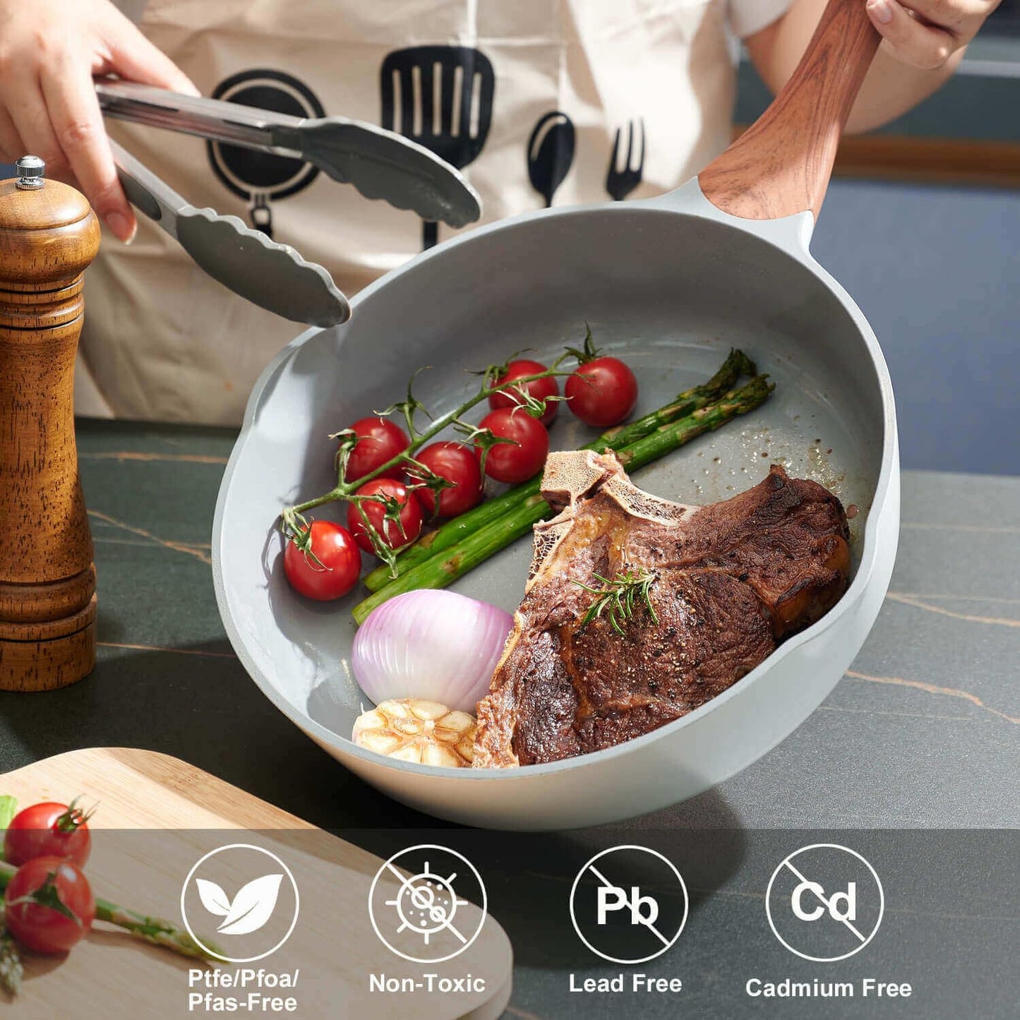 Nonstick Frying Pans With Lid, 11 Inches Skillets Deep Frying Pan Non stick, Ceramic Frying Pans With Pour Spout, Non Toxic Frying Pan for Stove, Induction, Gas, PB/CD/PFOA Free (White,11 Inches)