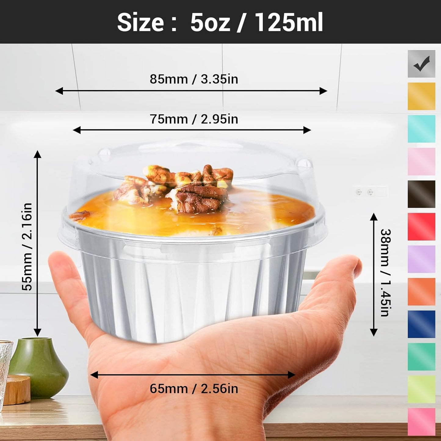 EUSOAR Disposable Creme Brulee Ramekins, Silver 60Packs 5oz Baking Cups with Lids Mini Muffin Liners, Dessert Cheesecake Pan Creme Brulee Cupcake Containers for Catering Gathering Club Wedding Party