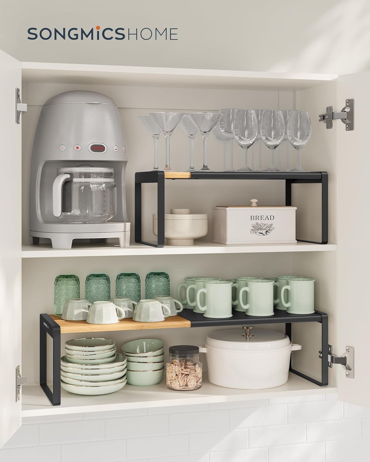 SONGMICS HOME Spice Racks, Expandable Cupboard Shelf Orgnizers, Kitchen Counter Shelves, Bamboo and Metal, Space-Saving Shelving, Stackable, Light Bamboo and Ink Black UKCS051B01