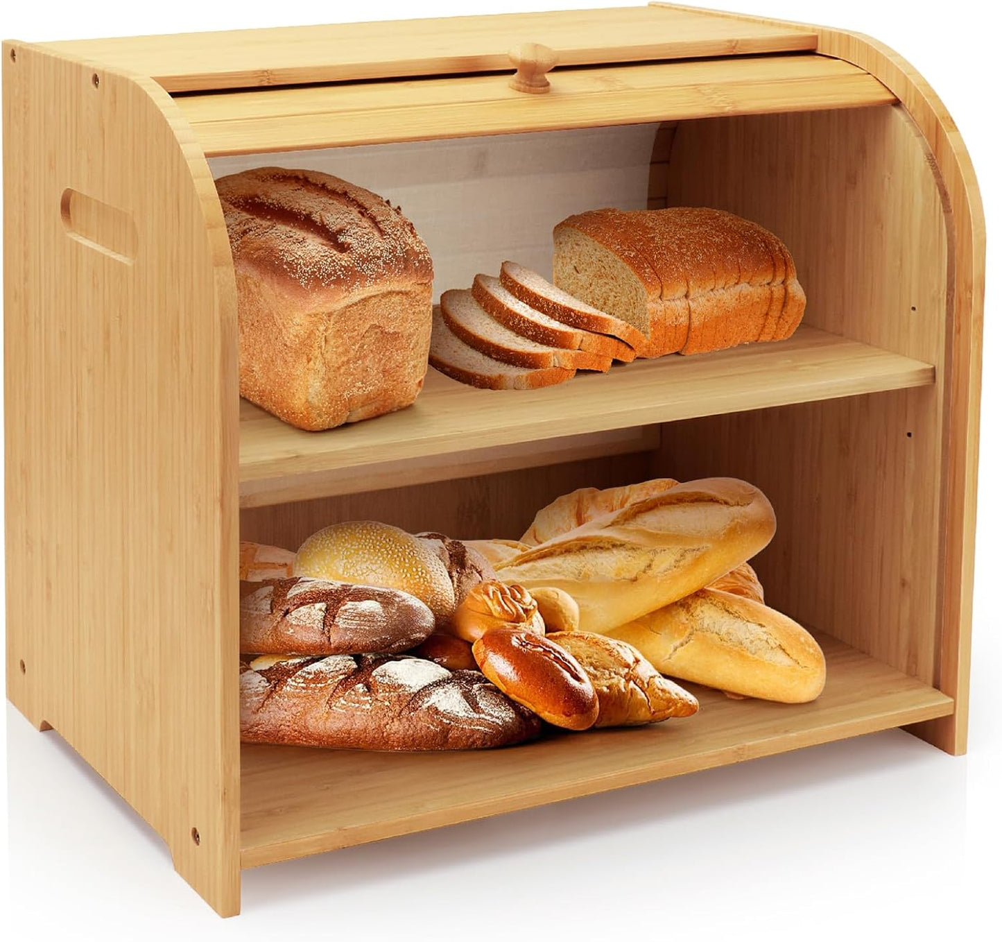 Bread Box for Kitchen Countertop, Double Layer Bamboo Bread Storage Container for Homemade Bread, Roll Top Bread Box with 3 Adjustable Height for Kitchen Counter, Natural Breadbox Organizer