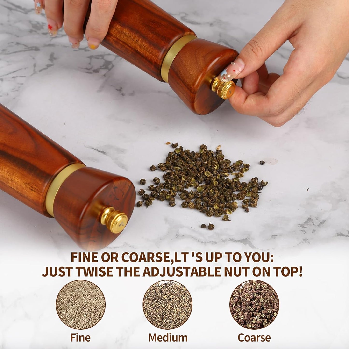 Wooden Pepper Grinder,Pepper Mill Wood–Salt Grinder Refillable with Coarseness,Pepper Grinder Manual Adjustable Ceramic Rotor,Easy Refill,Salt and Pepper Shakers1-Pack