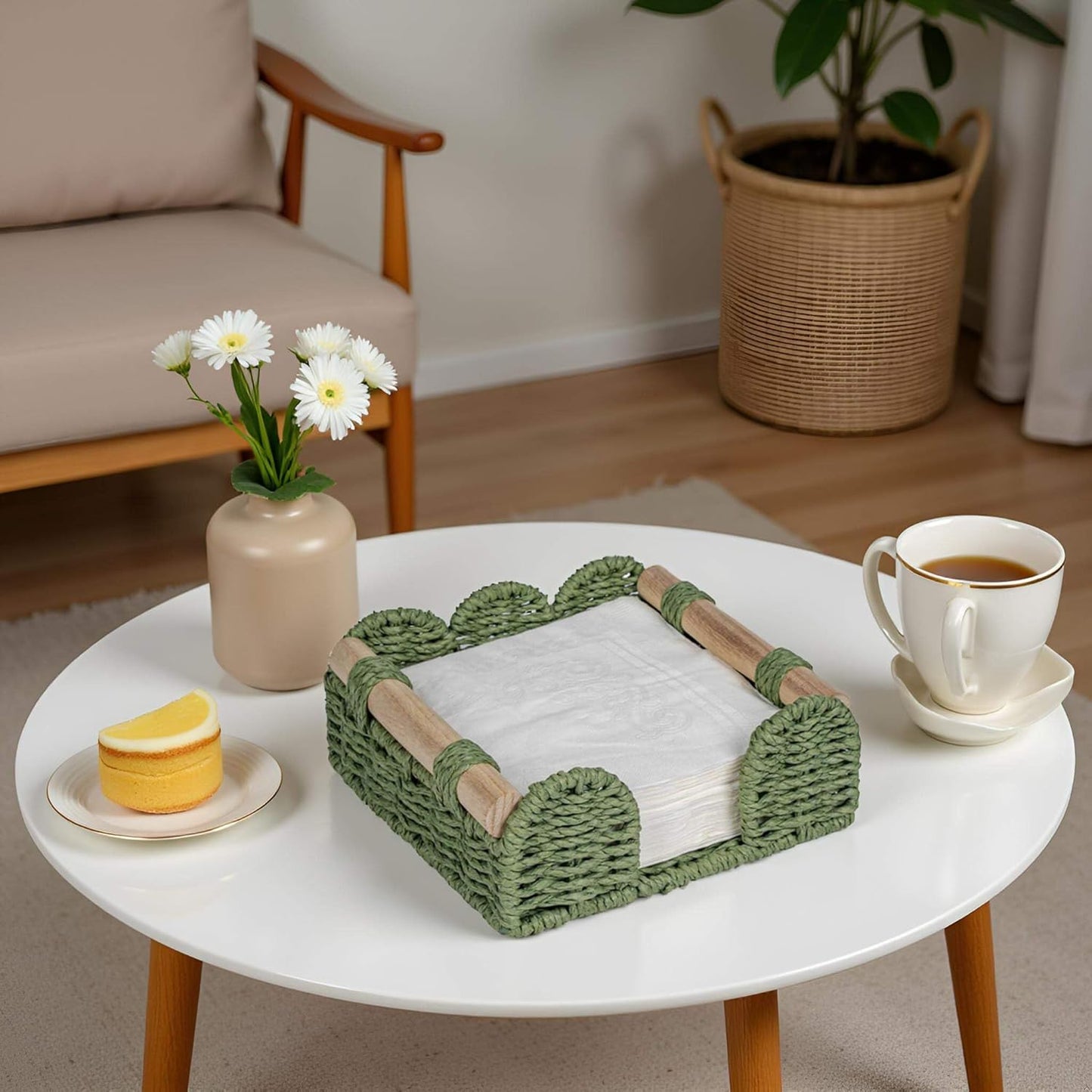 CubesLand Scalloped Napkin Holder for Table, Farmhouse Warming Home Kitchen Decor, Paper Rope Flat Napkin Dispenser Guest Towel Tray for Bathroom, Disposable Napkin Basket for Dining Table, Green