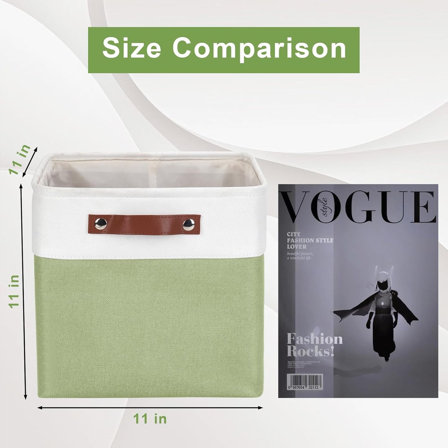 Collapsible Fabric Storage Cubes 11x11 Cube Storage Bins, 4 Pack Closet Baskets Box with Handles for Organizing, Shelf, Toys, Clothes, Home, Office, Nursery (Green&White)