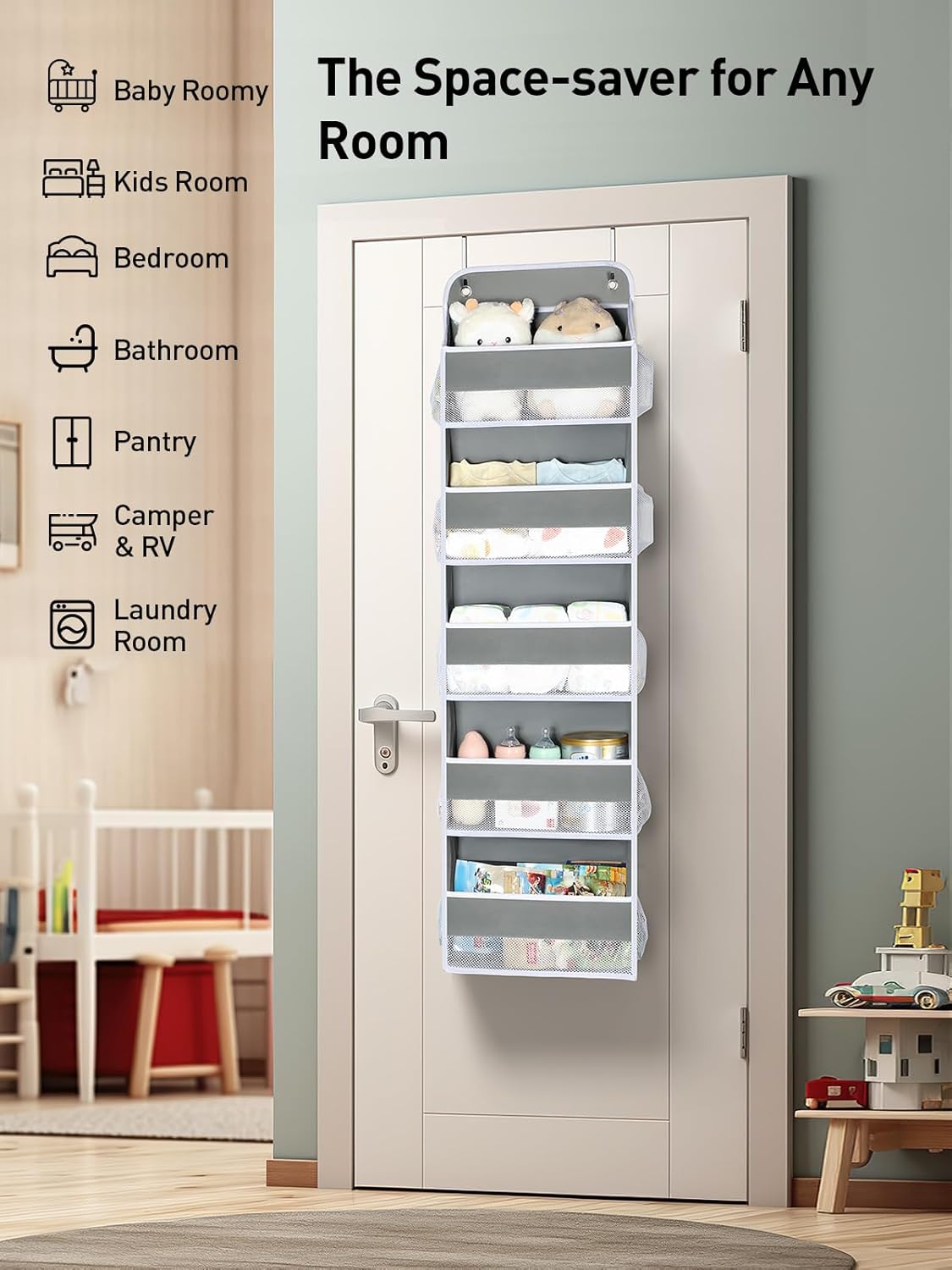 Yecaye 1 Pc Over the Door Organizer with 5 Bins 10 Side Pockets, 44lbs Load Hanging Bathroom and Bedroom Organizer, behind the Door Hanging Organizers for Nursery Newborn Baby Essential Stuff Grey