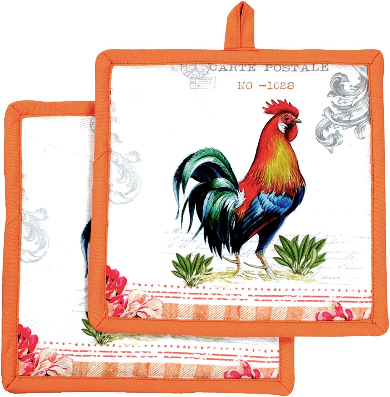 AMOUR INFINI Pot Holders Easter Decor Heat Resistant Cotton Set of 2 Nonslip 8"x8" Inch Hot Pads for Kitchen, BBQ, Baking & Cooking with Hanging Loops (Farm Rooster)