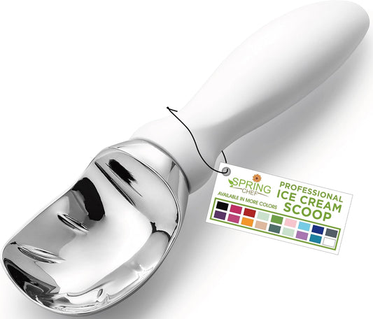 Spring Chef White Commercial Ice Cream Scoop with Comfortable Handle - Heavy Duty Metal Ice Cream Scooper for Frozen Yogurt, Gelato, Sorbet, Melon, Sundae - Dishwasher Safe Kitchen Tool