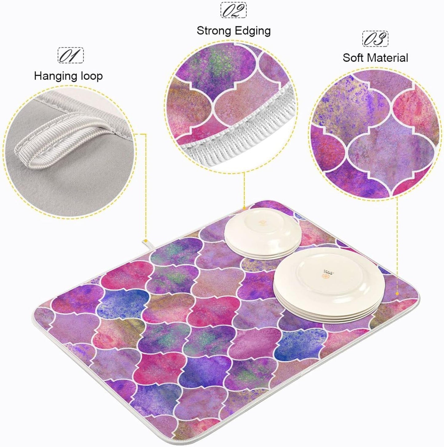 senya Super Absorbent Dish Drying Mat, Microfiber Fast-Drying Dish Mat, 16'' x 18'', Kitchen Dish Drying Pad, Vintage Decorative Moroccan,16x18in