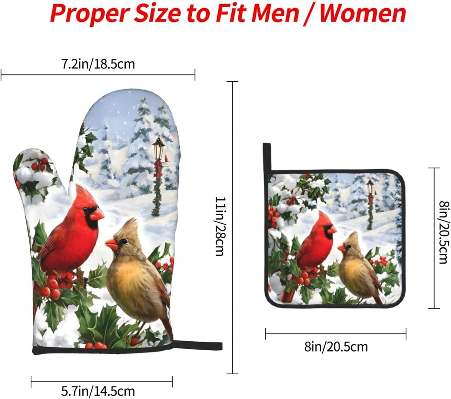 Winter Cardinal Christmas Oven Mitts and Pot Holders Sets of 3,Heat Resistant Hot Pads Oven Gloves for Cooking Grilling Baking, Christmas Kitchen Decor, for Women
