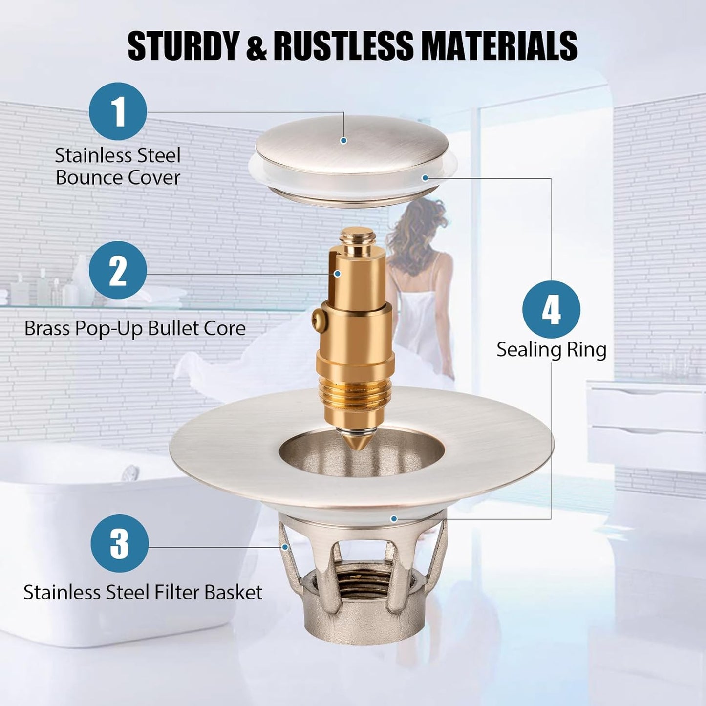Three colors Brushed Nickel Bathroom Sink Stopper, 1.1-1.5" Bathroom Sink Drain Strainer, Universal WashBasin Pop Up Drain Stopper, Bounce Core Push Type Sink Plug, Anti-Clogging (1PCS)