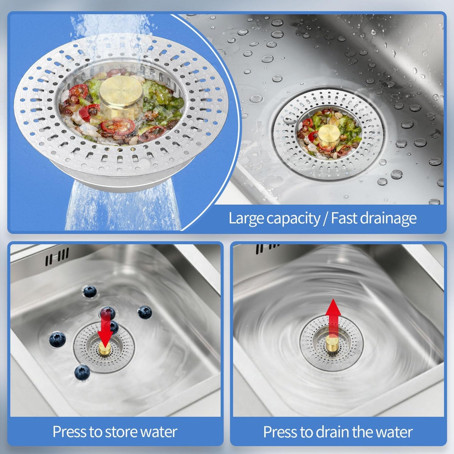 Upgraded 3 in 1 Kitchen Sink Drain Strainer - Stainless Steel Sink Stopper, Anti-Clogging Sink Food Catcher Basket, Fast Drainage Odor Filter Sink Plug(golden-2pcs)