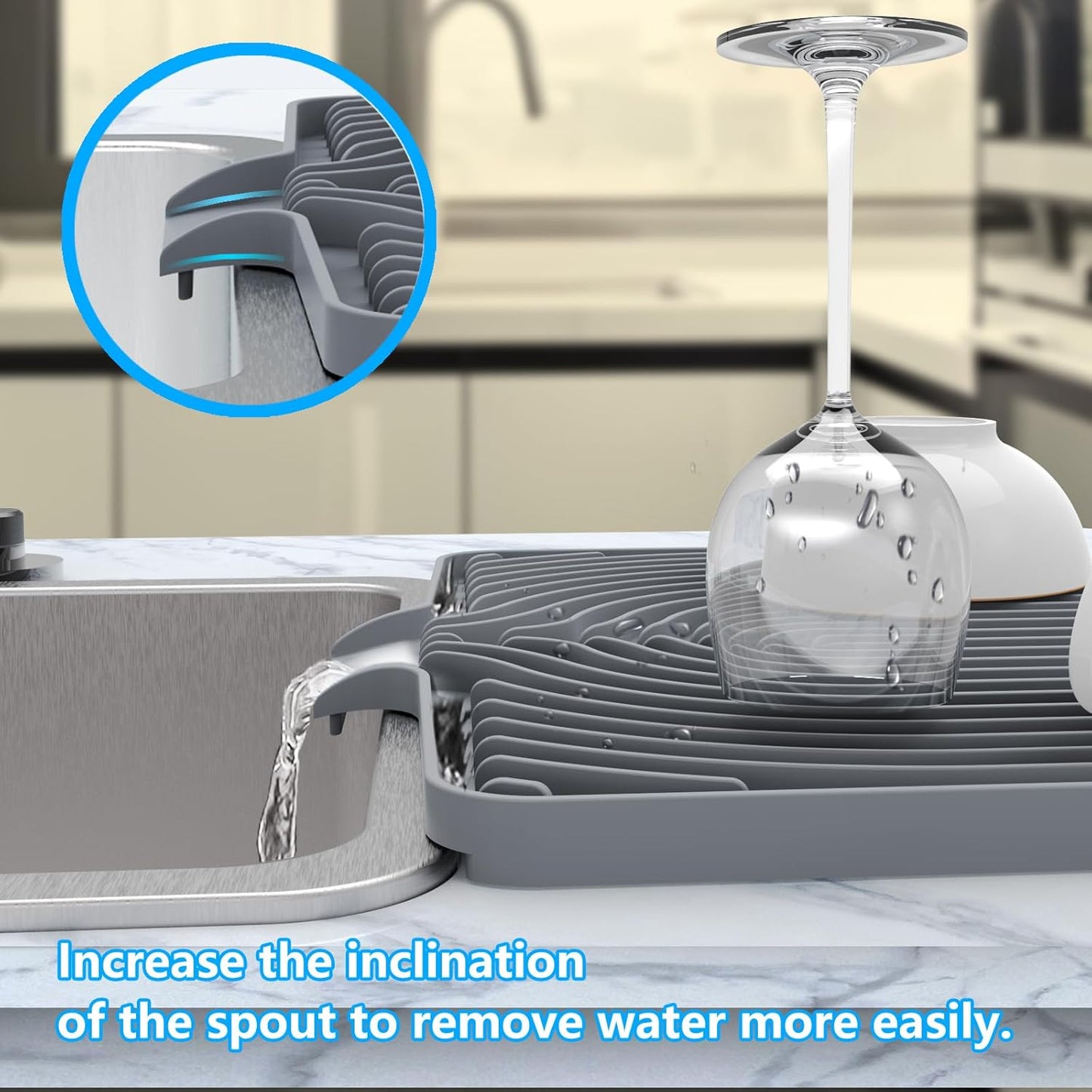 Kitchen Drying Mat for sink with a bulged edge,18"×12"Silicone Dish Drying Mat with built-in Drain Spout, Rubber Dish Mat for Kitchen (18"×12"gray)