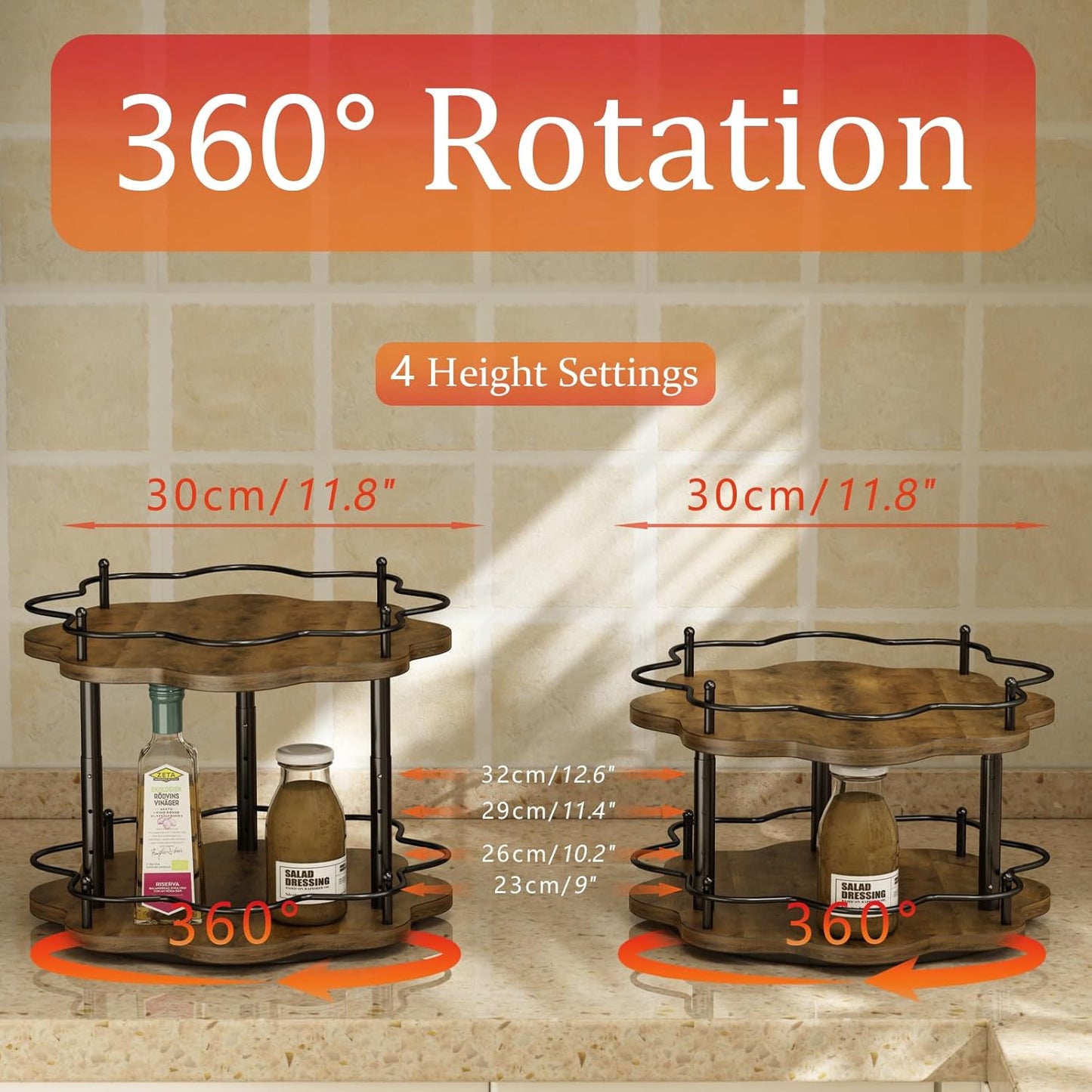 2 Tier Lazy Susan Organizer,2-Tier Spinning Spice Rack with Stable Carousel Base & 4 Height Settings for Cupboard Kitchen Countertop Dining Table Cupboard (Two-Ply(Petal Shape))