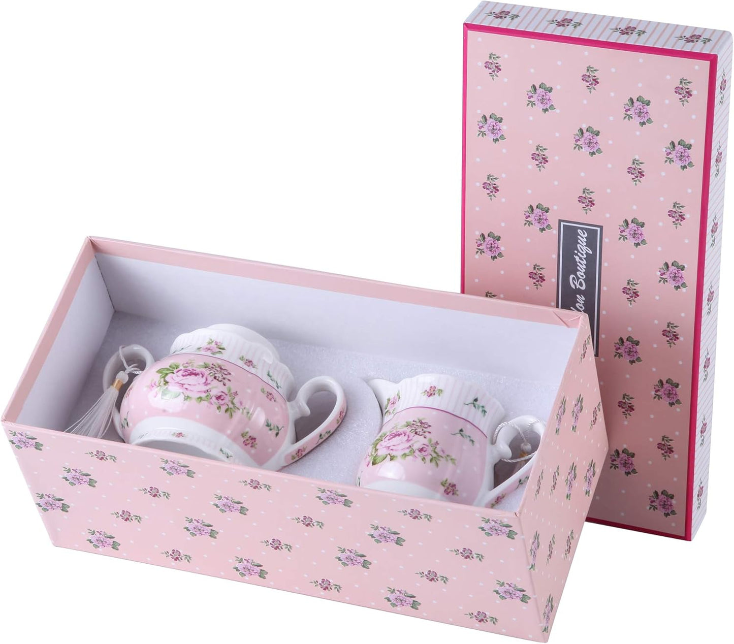 London Boutique Porcelain Teapot Sugar Bowl and Cream Milk Jug Shabby Chic Vintage Floral in Gift box 40oz (Cream & Sugar Set Rose Pink)