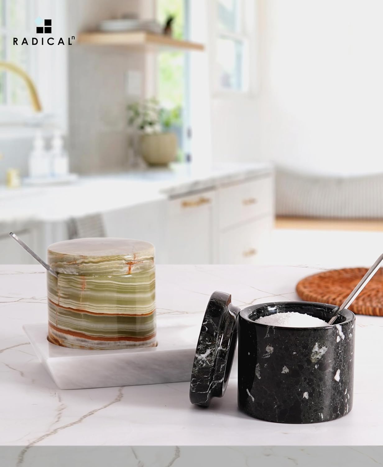 Radicaln Marble Salt Cellar With lid and Tray 3" Inch Black and Green Salt Container, Set of 2 for Kitchen countertop, Ideal Salt Bowl and Spice Storage Container