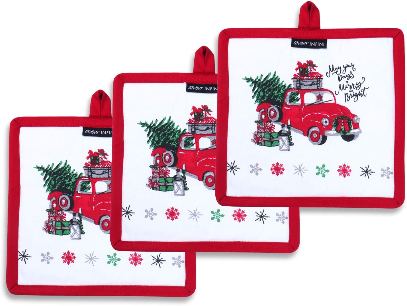 AMOUR INFINI Heat Resistant Pot Holders 100% Cotton Set of 3 Unique Merry Christmas Design 8x8 Inches|Nonslip Hot Pads for Kitchen Baking Cooking Outdoor BBQ Party|Thanksgiving Christmas Festive Gift