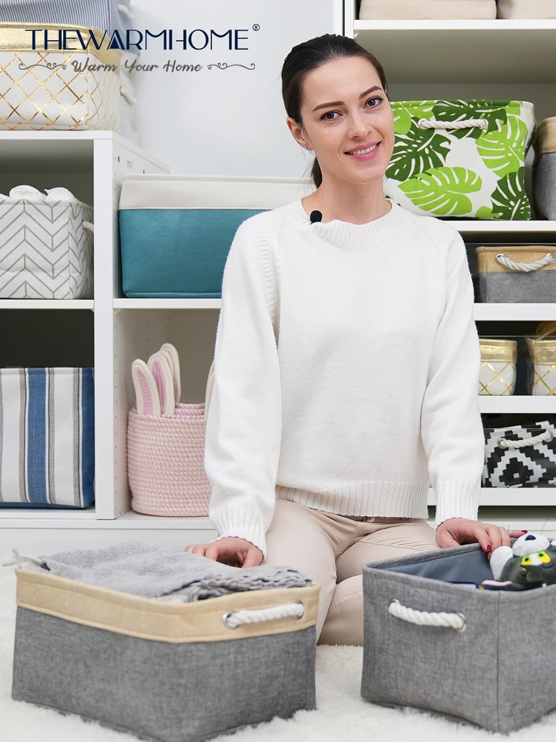 TheWarmHome Storage Bins for Organizing,Sturdy Storage Basket, Decorative Foldable Storage Baskets for Shelves Closet Toy (Gold&Grey Medium - 3 Pack 13.8L×9.8W×6.7H inch)