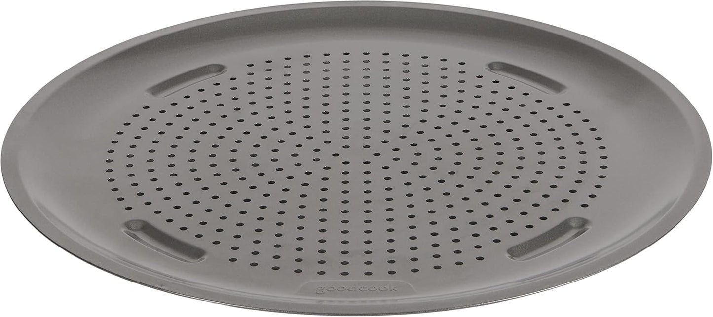 GoodCook AirPerfect 14" Insulated Nonstick Carbon Steel Pizza Pan with Cutting Guides, Perforated Nonstick Pizza Pan, Gray