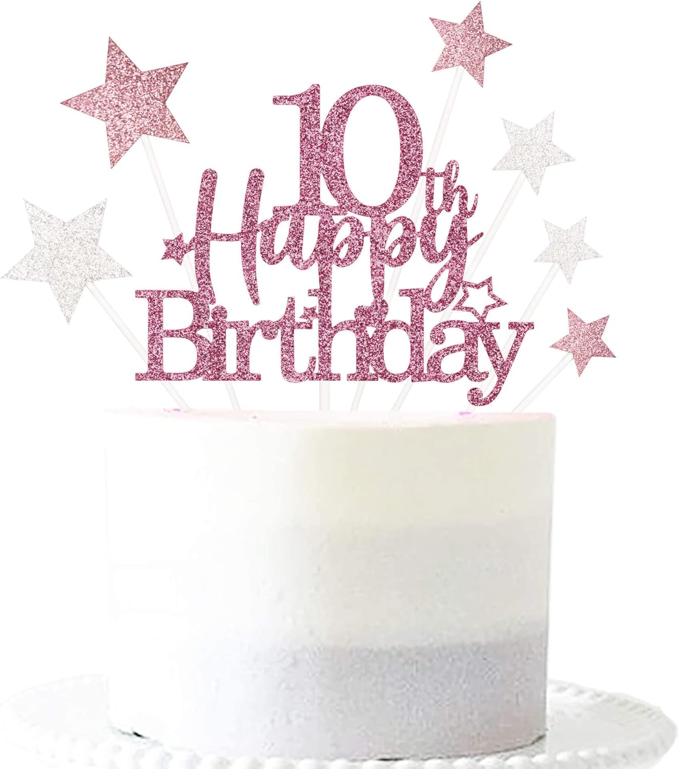 Glittery 10th Happy Birthday Cake Topper with Star,Personalised 10 Birthday Cake Toppers Party Decorations Party Supplies for Boys Girls Rose Gold