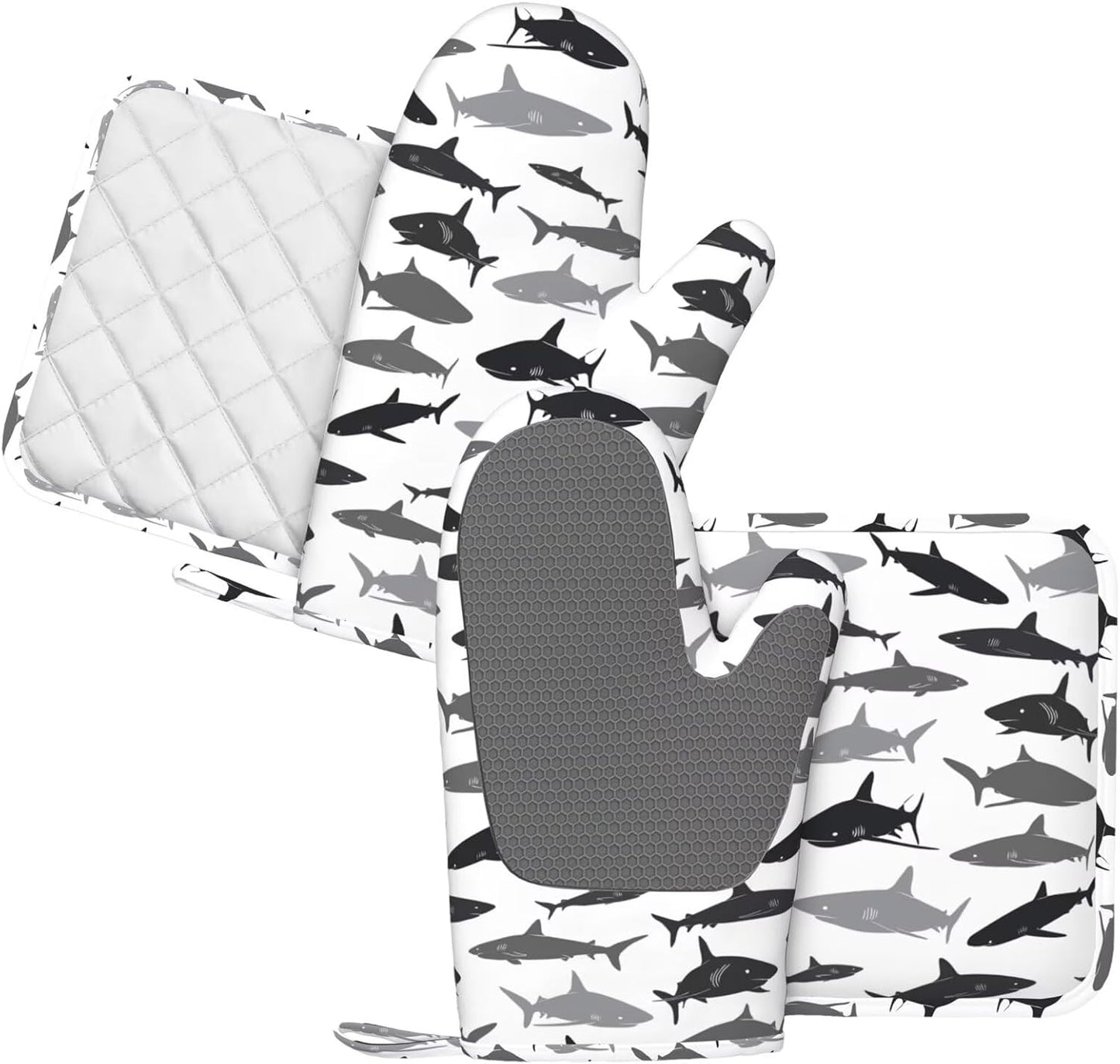 Sharks Oven Mitts and Pot Holders Set of 4 Silicone Sea Animal Kitchen Mitten Gloves and Non-Slip Shark Potholders Set Heat Resistant Oven Gloves Hot Holders for Kitchen