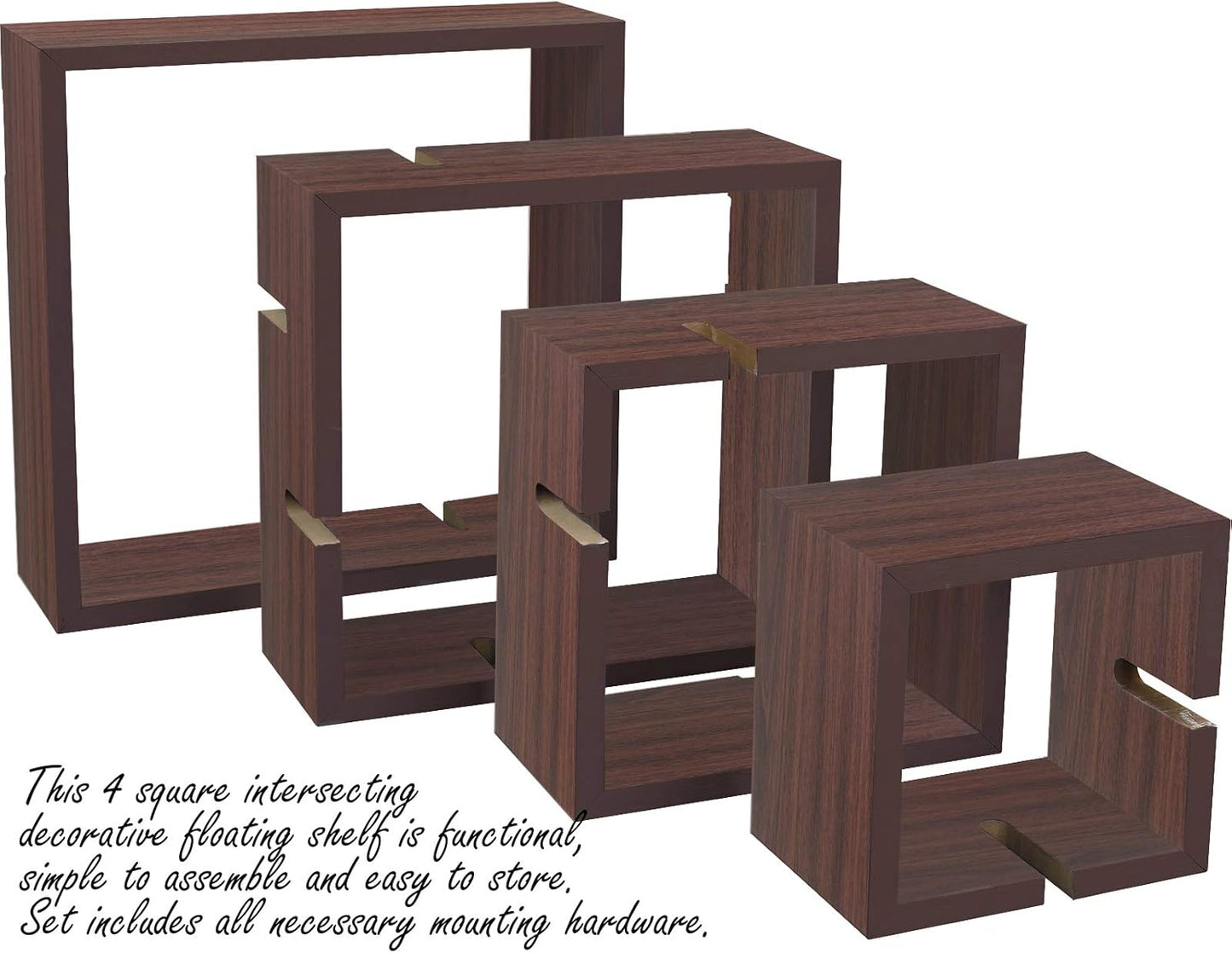 Greenco 4 Cube Intersecting Shelves, Easy-to-Assemble Floating Wall Mount Shelves for Bedrooms and Living Rooms, Walnut Finish