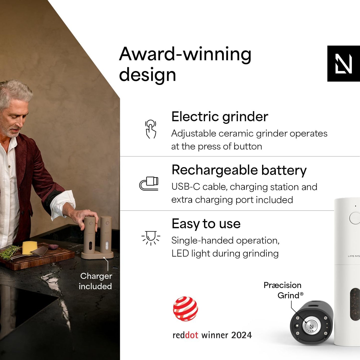 LARS NYSØM Electric Salt and Pepper Grinder Set, USB Rechargeable, Automatic Salt and Pepper Mills, Spice Shakers Refillable with LED Light, Adjustable Coarseness, Ceramic Grinder (Black/White)