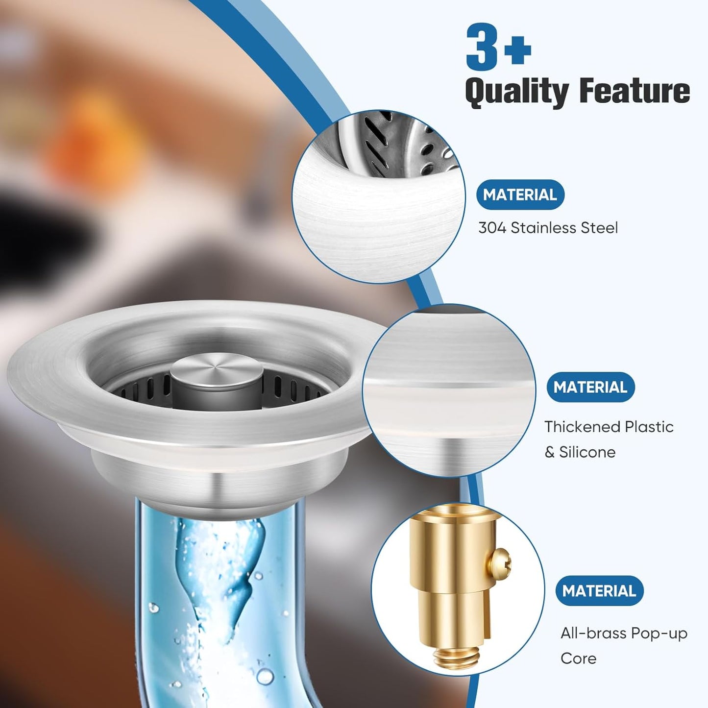 2025 Upgraded 3 in 1 Kitchen Sink Drain Strainer&Sink Stopper,Stainless Steel Pop up Sink Drain Strainer,Anti-Clogging Basket Strainer,High Durability with Brass Core,Fit 3-1/2",Chrome