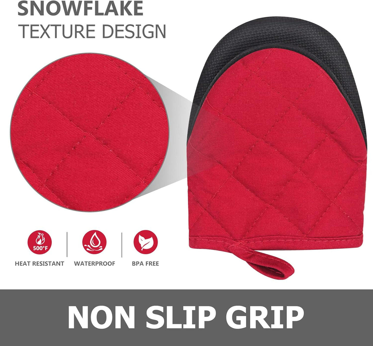 Qulable 1 Pair Short Oven Mitts - Silicone Kitchen Oven Gloves High Heat Resistant 500℉, Mini Oven Mits with Non-Slip Grip Surfaces and Hanging Loop for BBQ, Baking, Cooking and Grilling (Red)