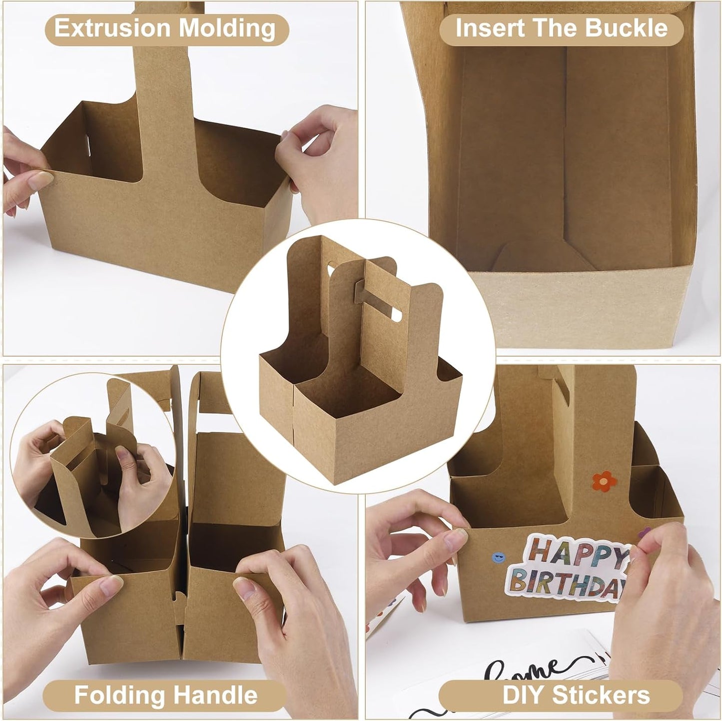 30 Pcs 2 Cup Drink Carrier with Handle, Assemblable Kraft Cardboard Cup Holders with 30 Pcs Happy Birthday Stickers, Disposable Drink Carrier for Drinks Coffee Take Out Cup Carriers Brown