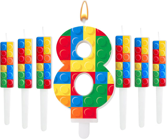 7 Pcs Building Block Themed Birthday Candles Set Building Blocks Number 8 Candle Cake Topper for Building Block Party Decoration Supplies (Number 8)