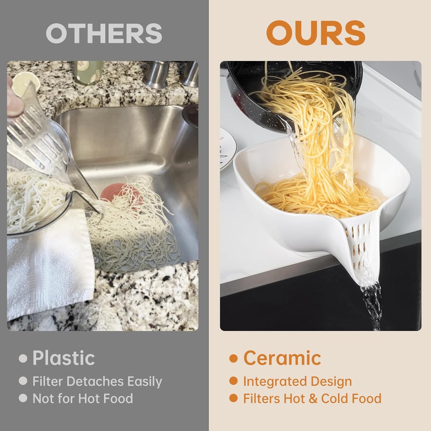 NiHome Multifunctional Ceramic Food Strainer with Integrated Drain Spout, Large Capacity Colander Bowl for Vegetables, Fruits, Pasta & More, Heat-Resistant, Crack-Proof, Easy to Clean, Dishwasher-Safe