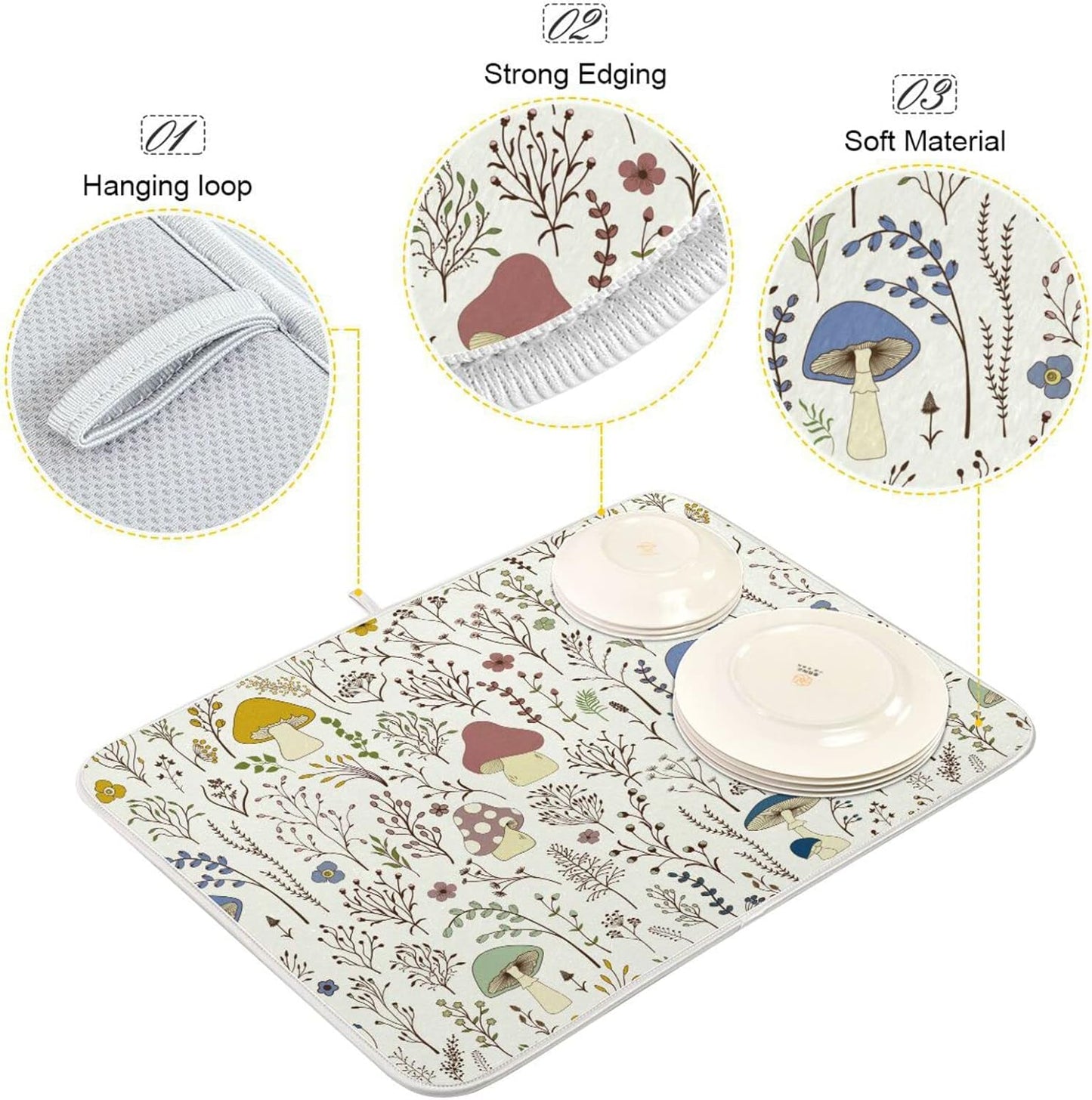 Cute Mushroom Wild Plant Dish Drying Mat for Kitchen Counter Absorbent Microfiber Drying Pad, Medium 16x18 in, Reversible Drainer Mats