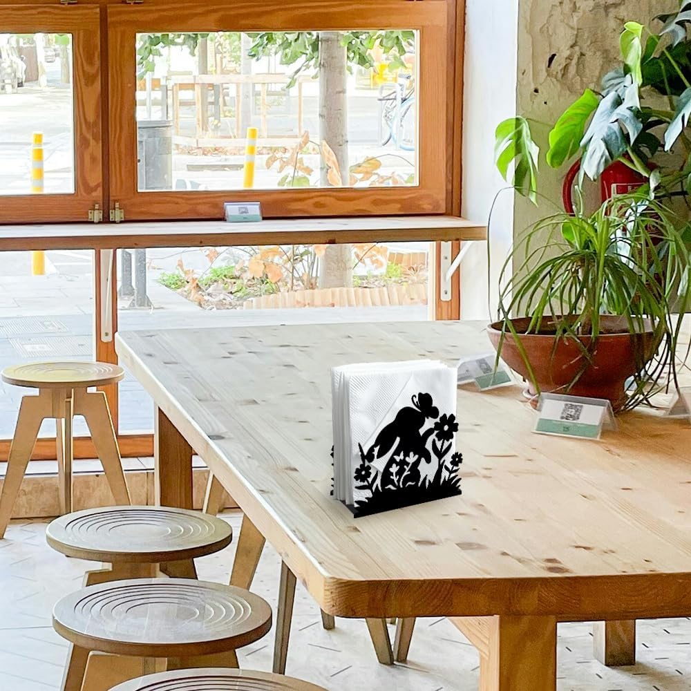 Rabbit Flower Decorative Black Metal Napkin Holder for Table, 5.3" x 4.9" x 1.9" Bunny Butterfly Animal Standing Napkin Holder for Home Kitchen Restaurant Picnic Party Coffee Bar Dining Room