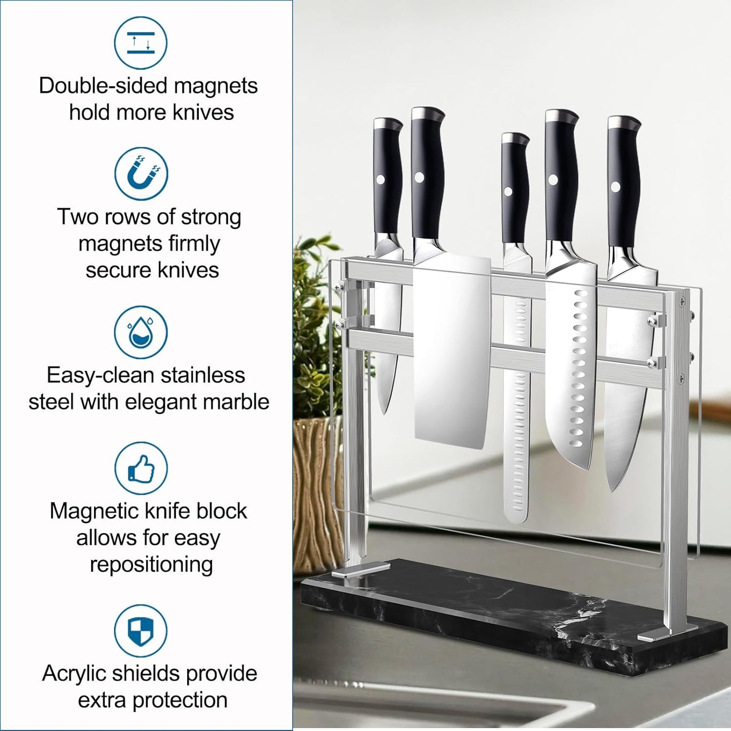 YIIYIIN Magnetic Knife Block with Acrylic Shield - Marble Based Double Side Magnetic Knife Stand - Kitchen Magnetic Knife Holder - Knife Storage - Knife Holders for Counter Top - Black