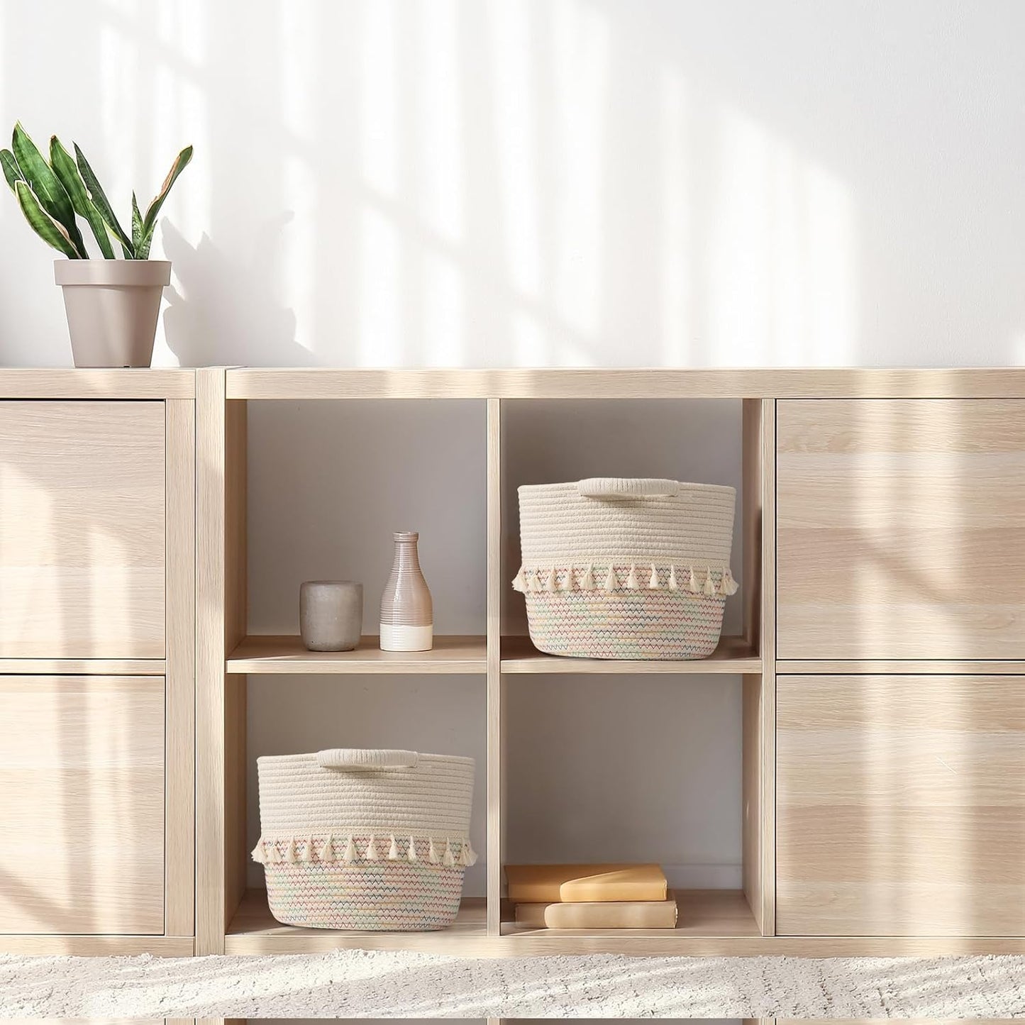 TeoKJ Woven Baskets for Storage, Set of 3 Cotton Rope Basket with Handle for Decor and Storage, Cute Baskets for Organizing in Classroom, Kitchen, Bathroom, White & Stitches Rainbow