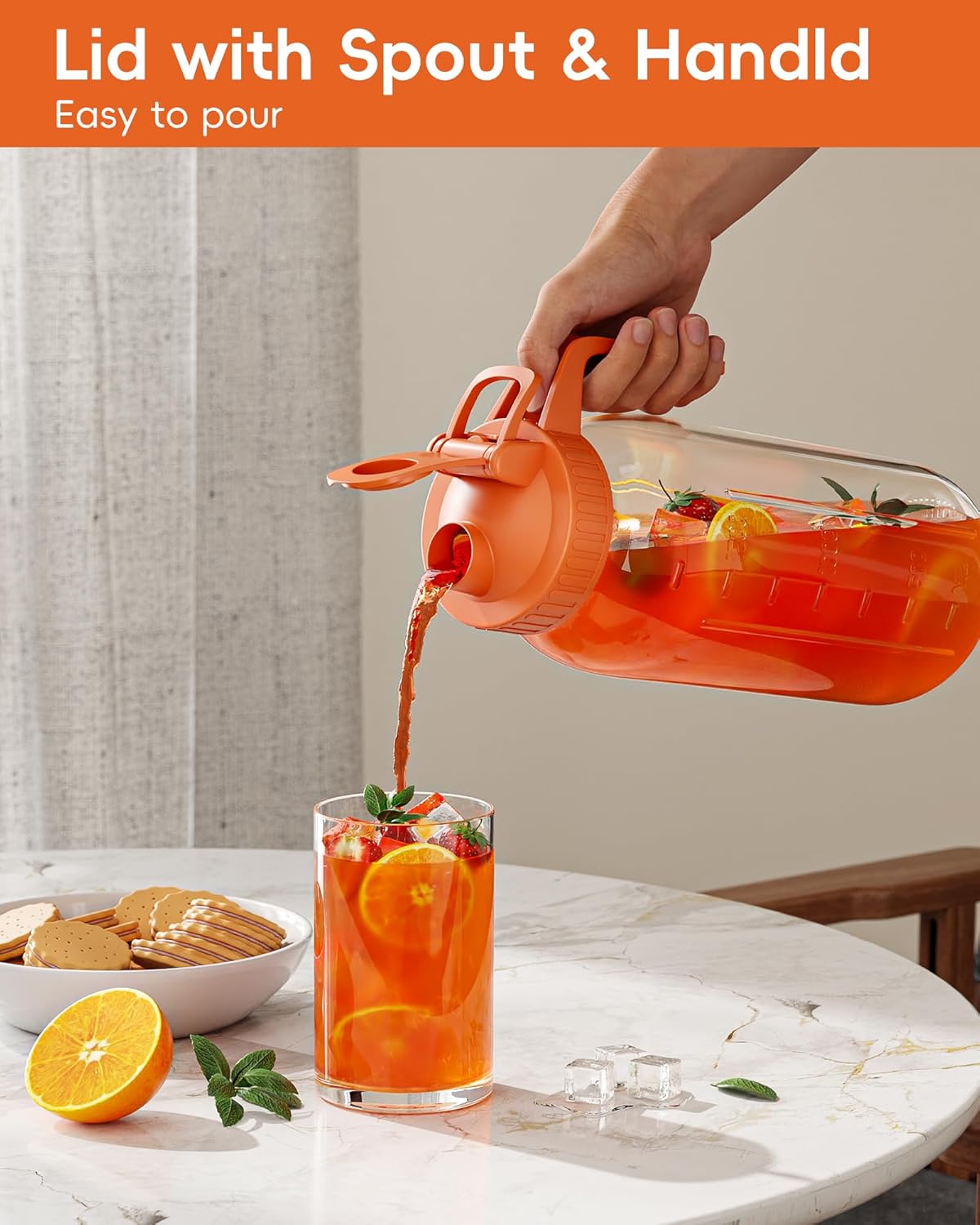 Glass Pitcher with Airtight Lid and Spout, 64oz Glass Mason Jar | Wide Mouth | Leakproof | Water Jug for Juice, Sun Iced Tea, Cold Brew Coffee, Milk Storage, Orange