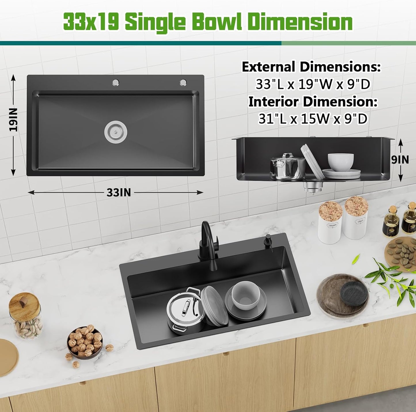 Black 33x19 In Drop In Kitchen Sink-Stainless Steel Topmount Modern Single Bowl Kitchen Sink Come With Silicon Mat,Drain Strainer Set Offer Large Basin And Compatibility With Various Kitchen&Bar Style