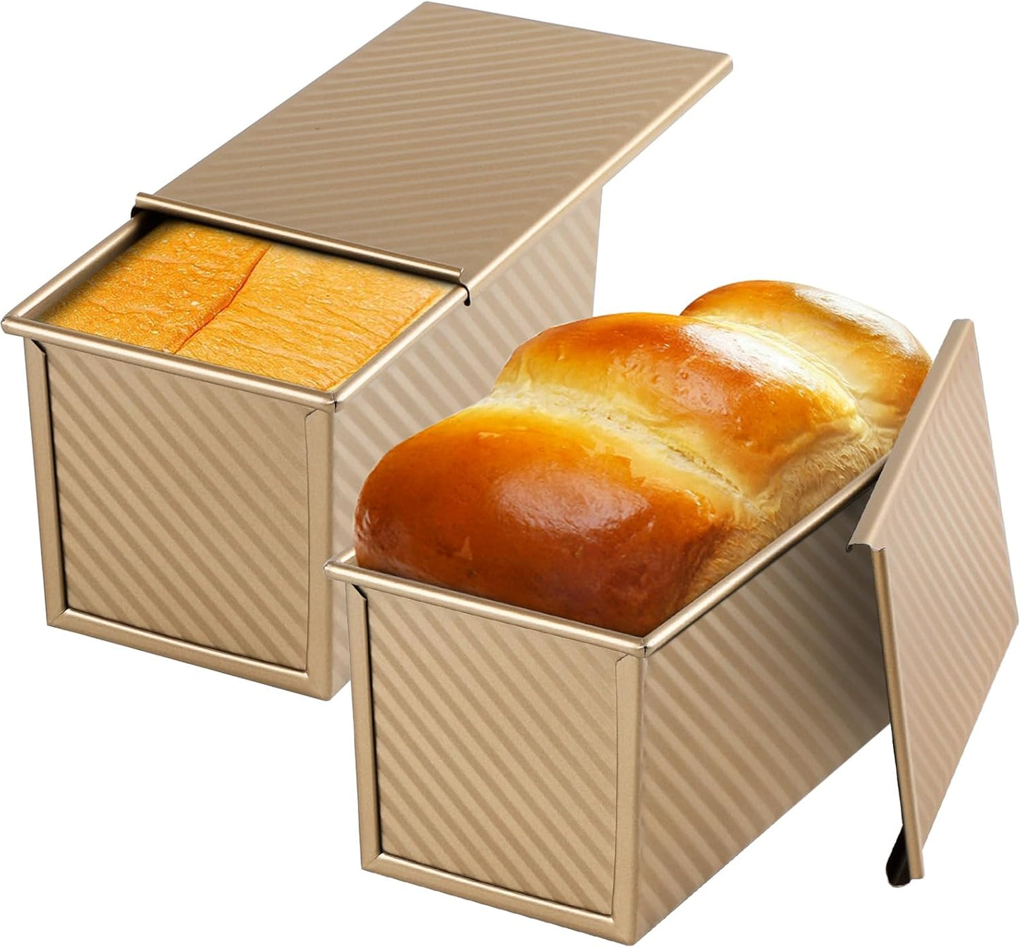 Beasea Pullman Loaf Pan 2 Pack, 1 lb Non-Stick Bread Pan with Lid Carbon Steel Gold Toast Box Mold With Cover For Bakeware Bread, Baking Tools for Oven Baking
