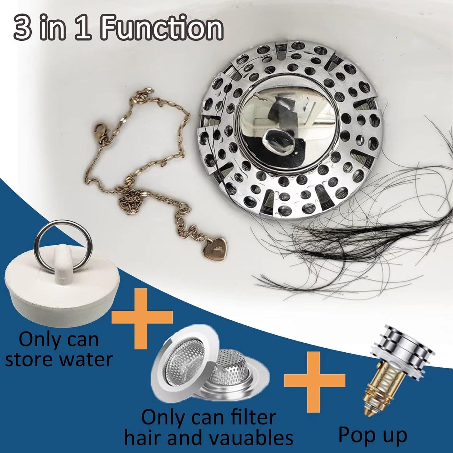 Universal Tub Stopper Bathtub Drain Plug, Pop Up Tub Drain Hair Catcher, Drain Cover with Strainer, for 1-3/8 to 2in Bath Drain Hole