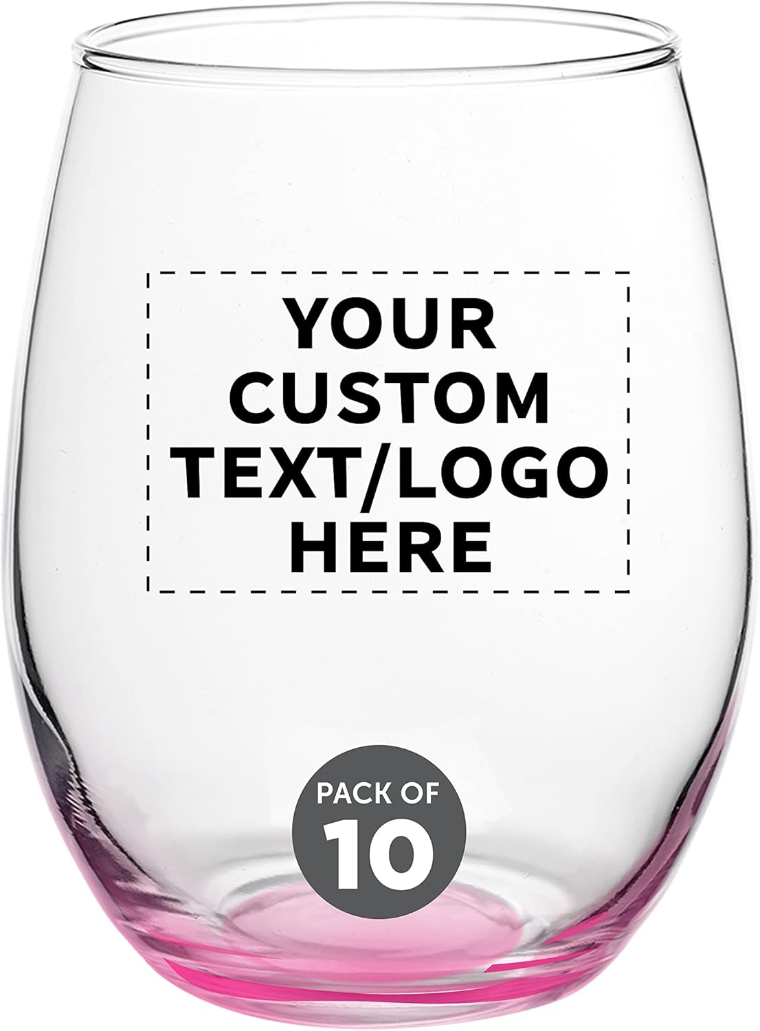 Custom Stemless Wine Glasses in Bulk by ARC Perfection, 15 oz, 10 pack, Personalized Text, Logo, Red or White Wine Glass Set, Pink