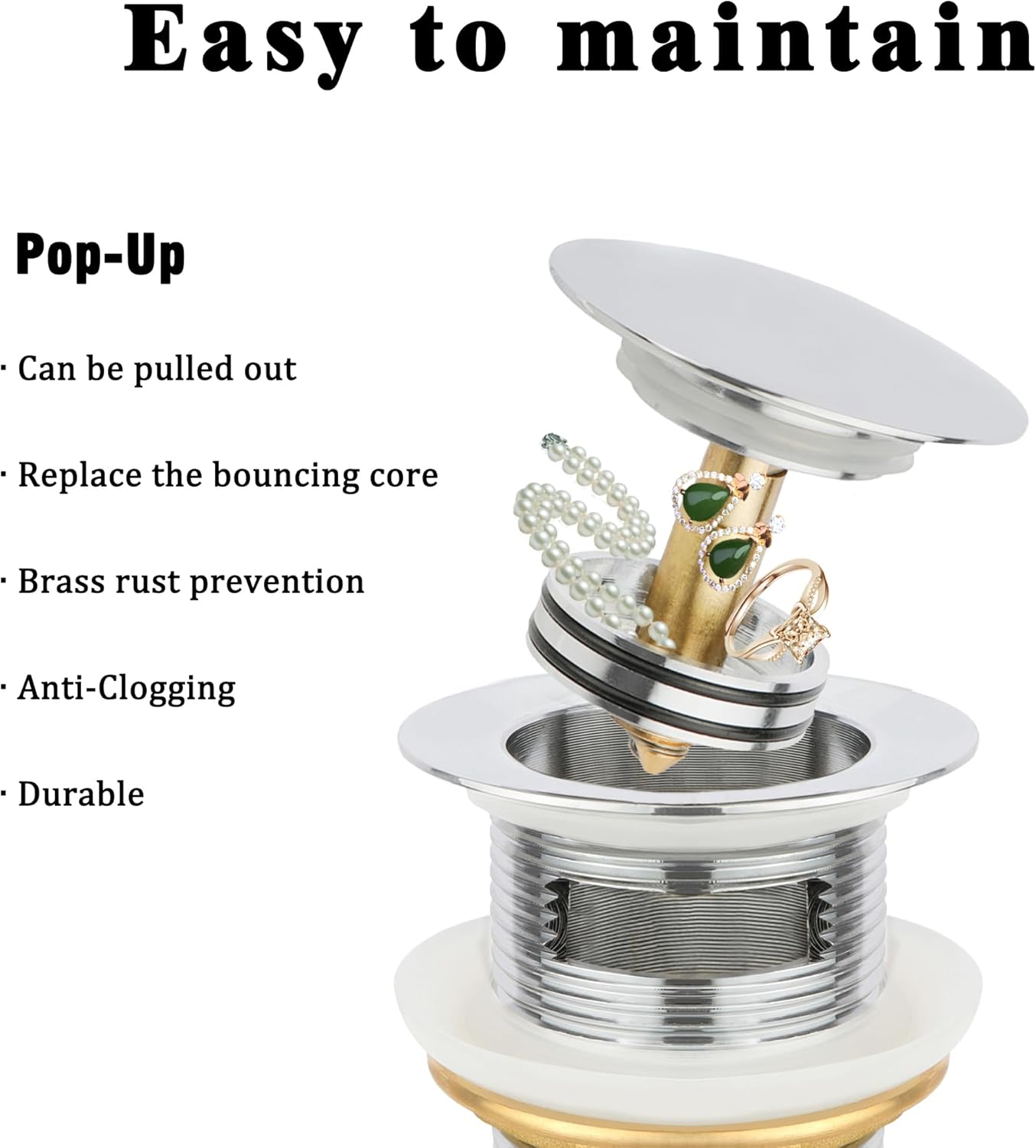 Fits Freestanding Tub Drains with Removable Pop-Up Freestanding Tub Drain Stopper, Compatible with Freestanding Tub Drain Rough-in Kit (Also Comes with a Replacement Pop-Up Bolt) (Chrome)