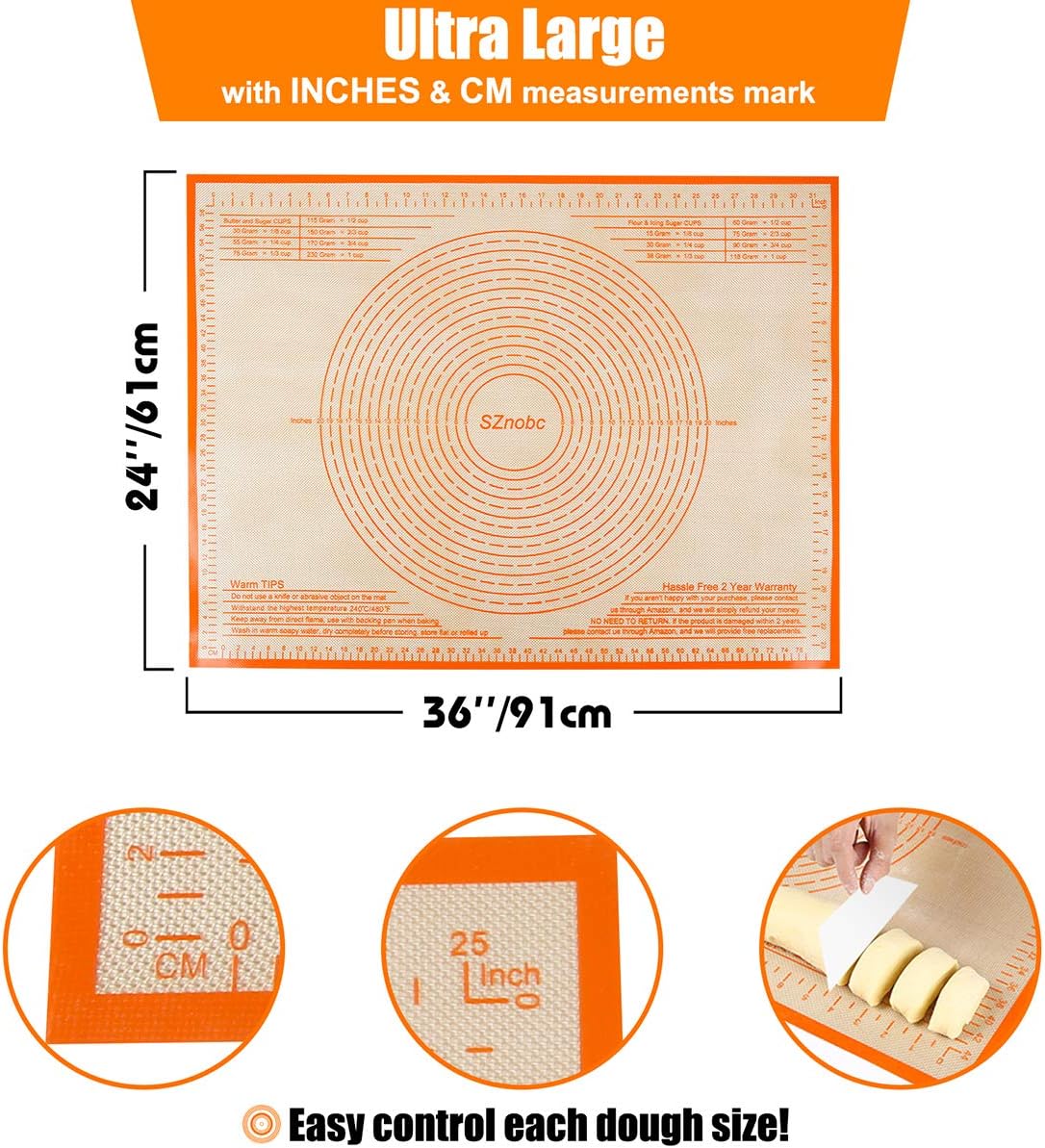 Non-slip Silicone Pastry Mat 36X24 inches Baking Mat with Measurement, Perfect for Dough, Pastry, Pie Crust, Fondant, Cookies, Bread, Pasta, Pizza, Food Grade Kitchen Counter Mats