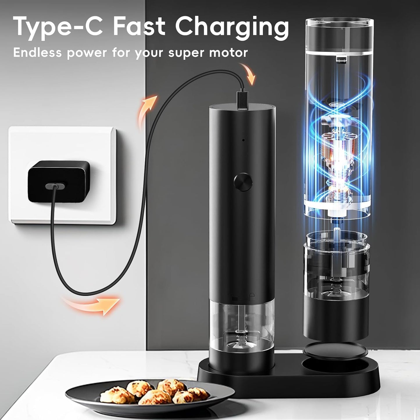 Electric Salt and Pepper Grinder Set, Mini Rechargeable Automatic Salt Pepper Shakers Mills, Adjustable Coarseness Easy Filling with Base&Cover, for Kitchen Outdoors Gift- 2 Packs, Black