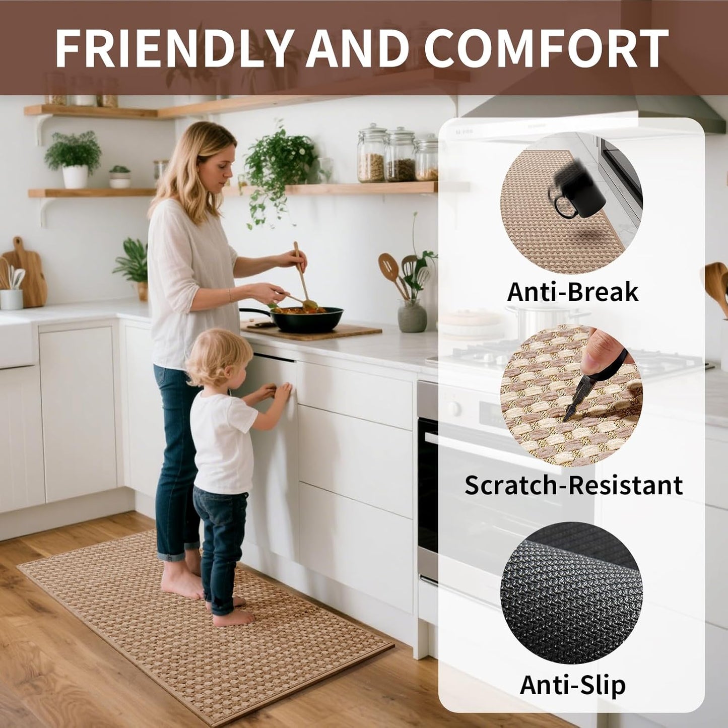 Long Kitchen Runner Rugs Kitchen Mat Non Slip Washable, Super Absorbent Soft Chenille Braided Kitchen Mats for Floor, Rubber Backing Kitchen Floor Sink Standing Mat, Easy Clean, Brown 24"x71"