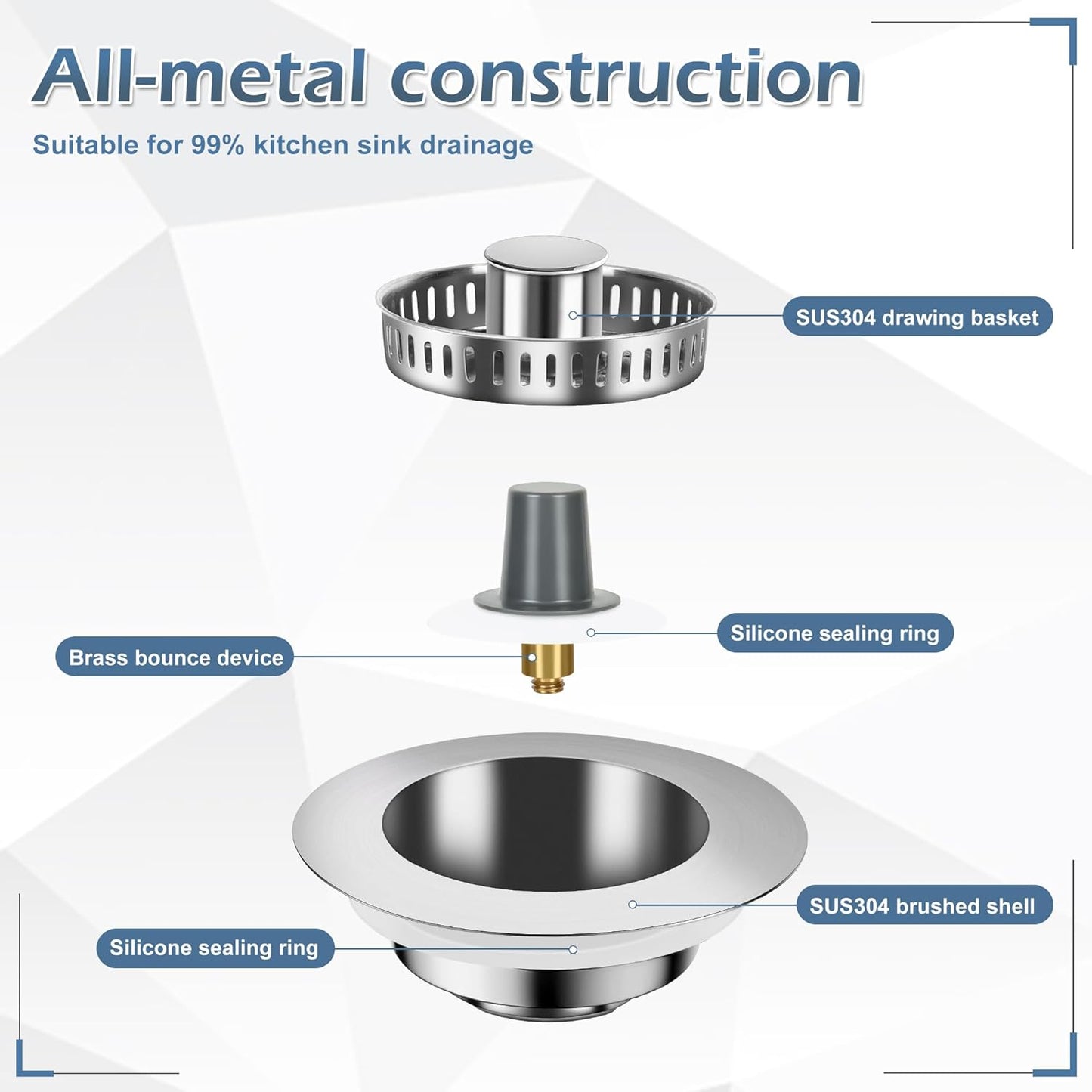 3 in 1 Kitchen Sink Drain Strainer ，304 Stainless Steel Kitchen Sink Stopper and Basket,Long-Term Water Storage，Bass Bounce Core，General，Filter for Standard 3-1/2 inch Drain