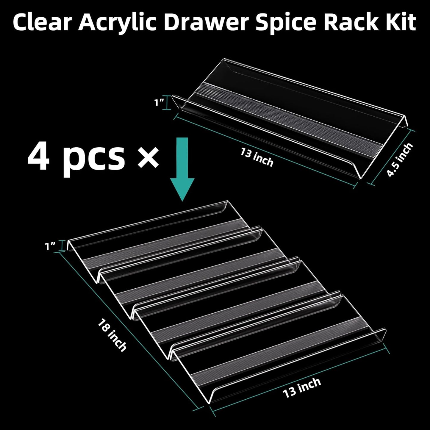 MIUKAA Acrylic Spice Drawer Organizer, 2 Tier - 4 Pack Seasoning Organizer for Drawer, Expandable From 13" to 26" Kitchen Drawer Spice Rack with Slip-Proof Mat (Jars not Included)