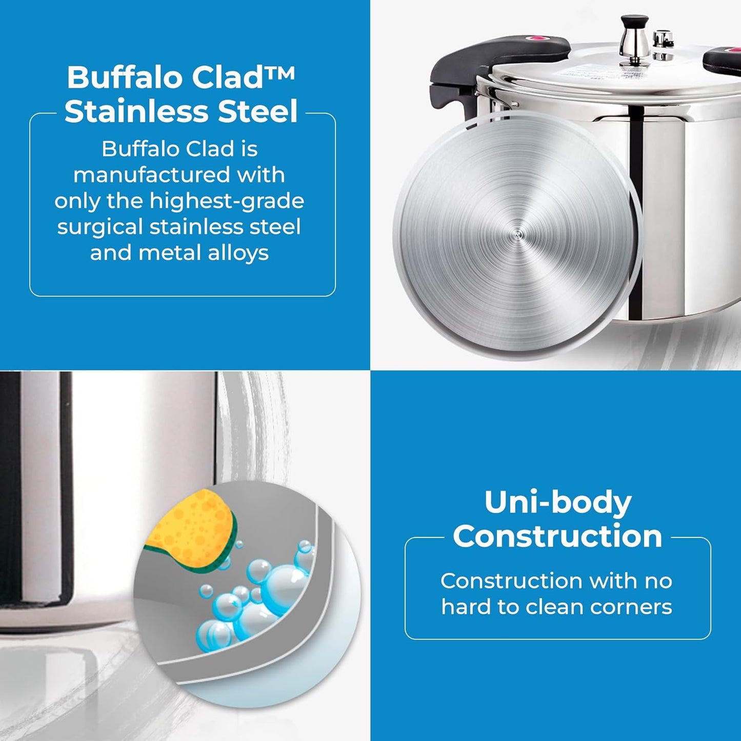 Buffalo 12 Quart Pressure Cooker Stainless Steel - Large Canning Pot with Lid for Home, Commercial Use - Easy to Clean Induction Stove Top Pressure Canner, Can Cooker - SG Certificate QCP412