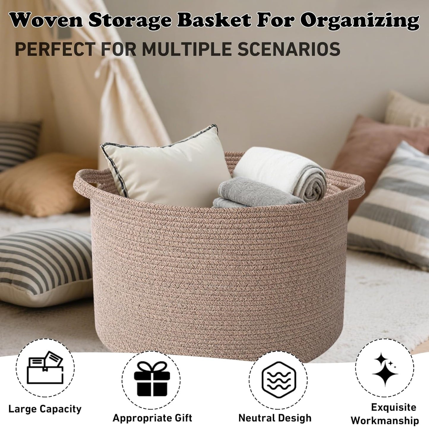 Large Blanket Basket for Organizing,115L Closet Organizers and Storage Bins Box for Shelves Woven Rope Storage Baskets,Living Room,Bedroom,Dorm,Laundry room (Brown)